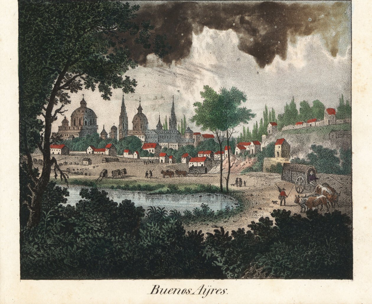 Udsigt over byen Buenos Aires (Argentina). Litografi til bogen: "Galerie complete en tableaux fideles des peuples d