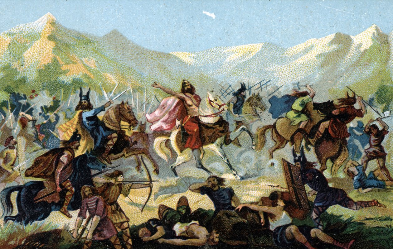 Clovis I (466-511), frankernes konge, svor under slaget ved Tolbiac i 496 mod den germanske stamme alamanerne, at han ville konvertere i tilfælde af sejr. Slutningen af det 19. århundrede (kromolitografi) af Unbekannter Künstler