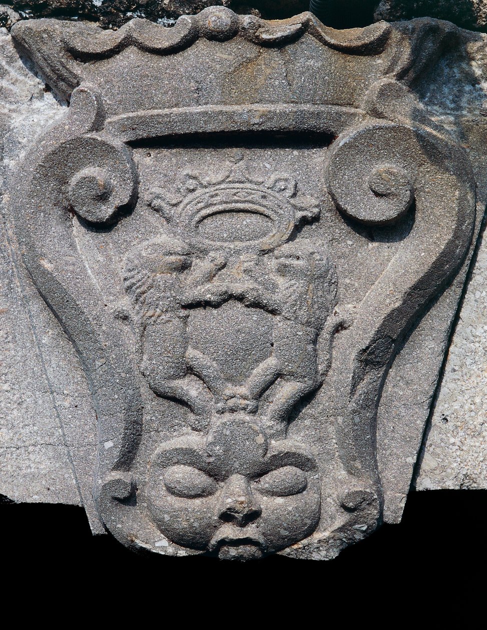 Våbenskjold i sten, indgangsdør architrave, Barile, Basilicata, Italien af Benjamin Baud