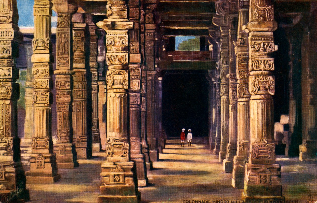 Søjlegang med hinduistiske udskæringer, Qutub Minar, begyndelsen af det 20. århundrede (tryk) af Unbekannter Künstler