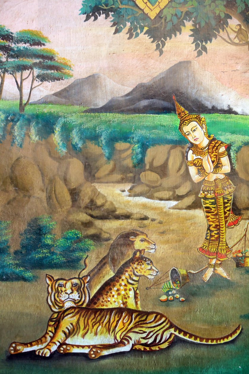 Medfølelse med dyr. Maleri, der skildrer Shakyamuni Buddhas livshistorie. Wat Naxai. Vientiane. Laos, 20151106, Vientiane, Laos af Unbekannt