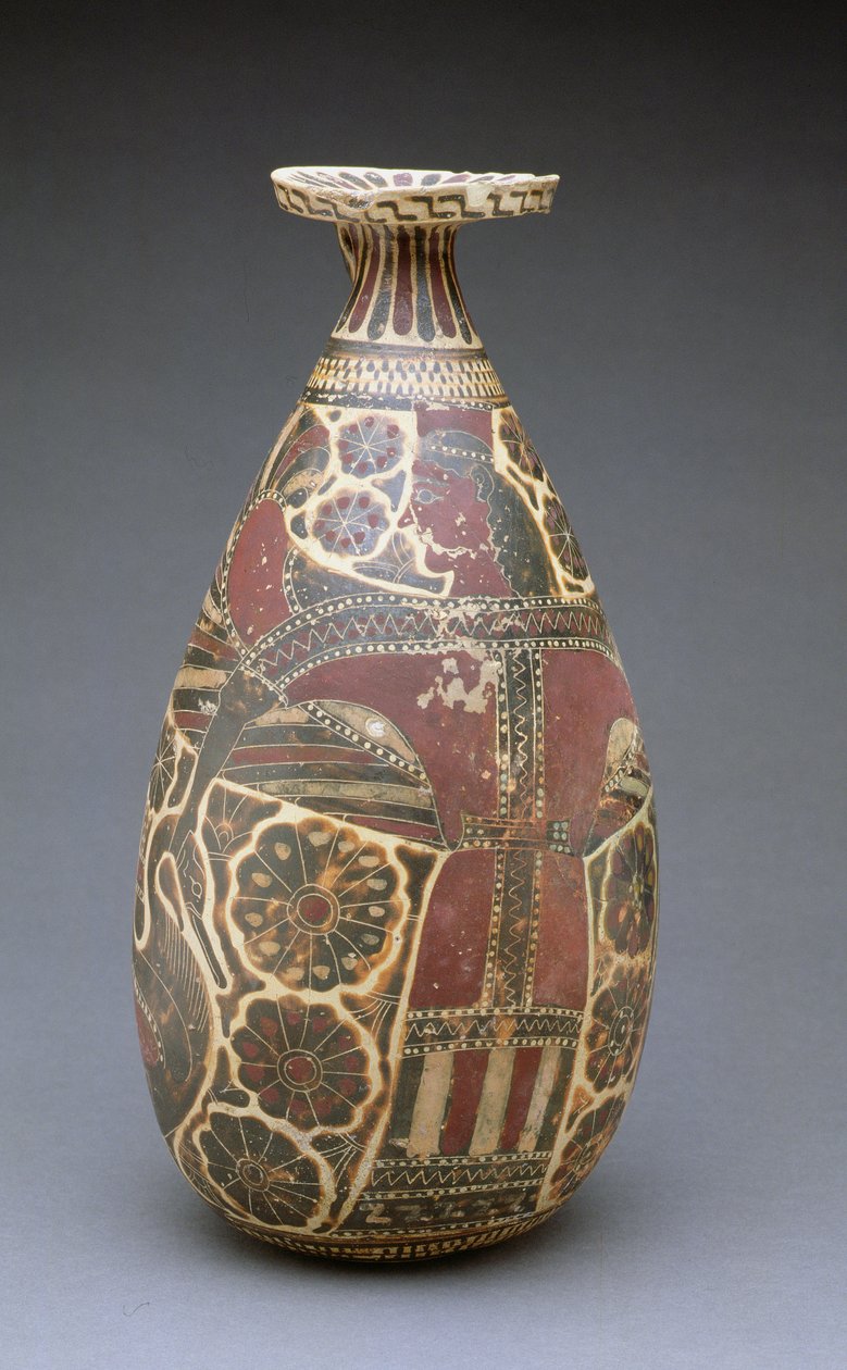 Korintisk alabastron med sort figur, med en bevinget "dyrenes elskerinde", græsk, arkaisk periode, ca. 600 f.Kr. (terracotta) af Unbekannt