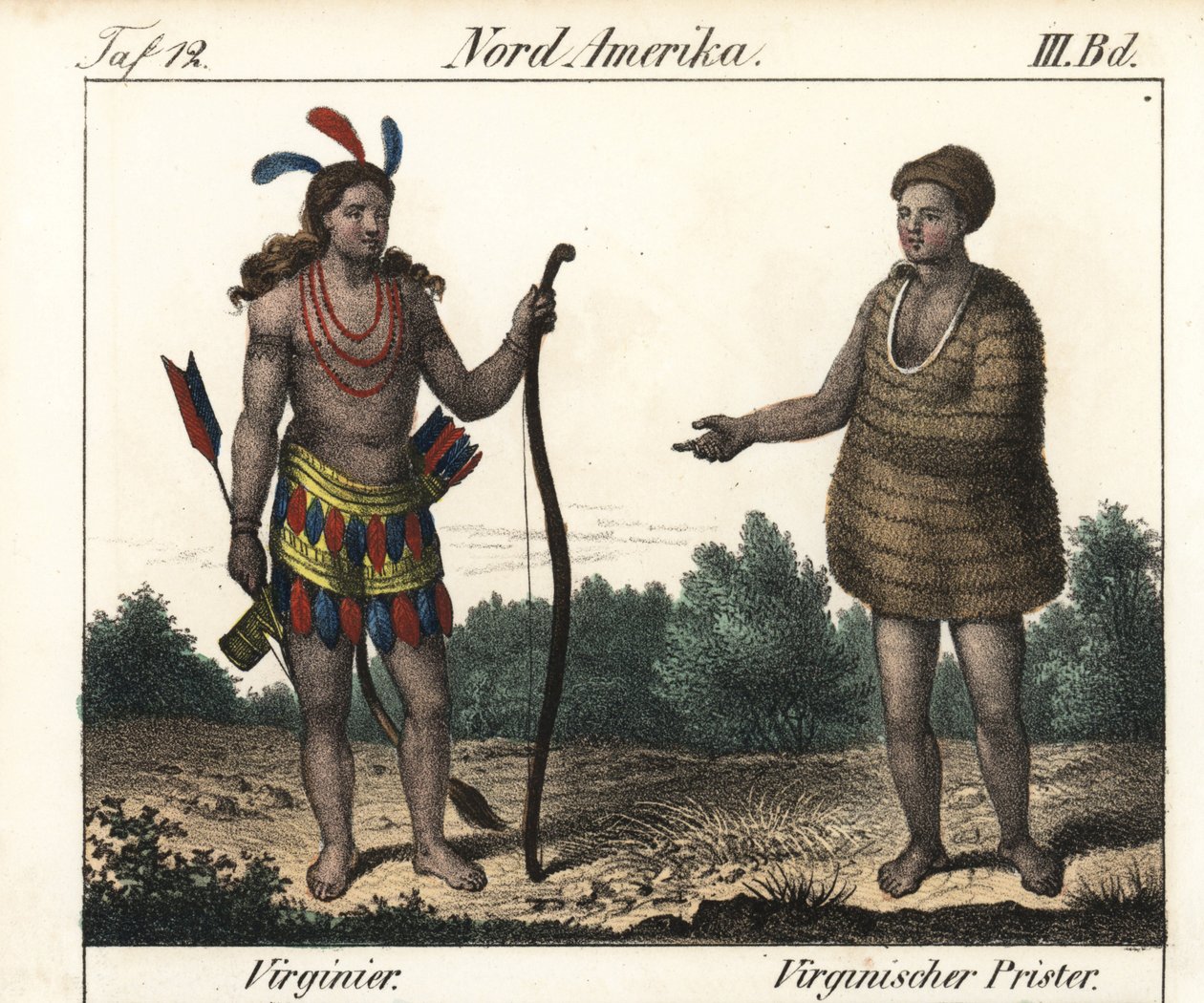 Dragter fra Powhatan-indianerne i Virginia (USA): en kriger og en præst fra Secota. Litografi til bogen: "Galerie complete en tableaux fideles des peuples d