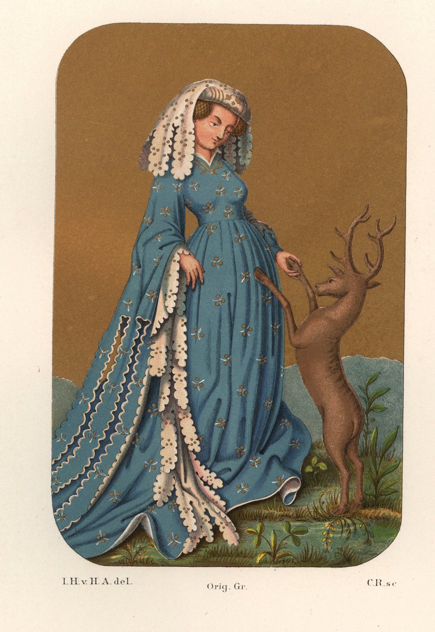 Kostume af en adelig dame fra begyndelsen af det 15. århundrede, hun bærer en lang hovedbeklædning og en langærmet kjole og leger med en hjort - Fra et spillekort fra Det Kongelige Bibliotek i Stuttgart (Tyskland) - Kromolitografi, tegning af Jakob Heinric af Unbekannter Künstler