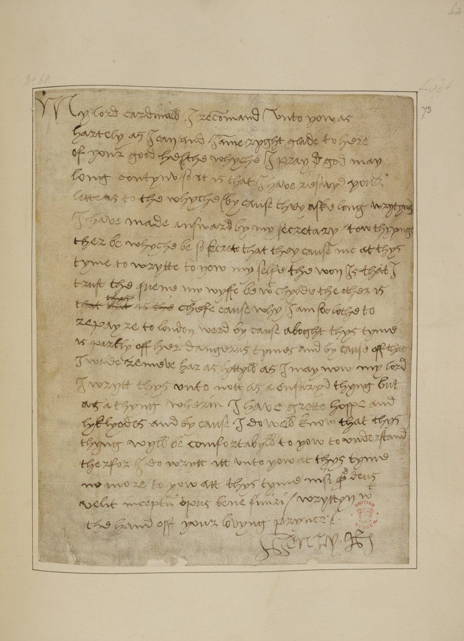 Bomuld MS Vespasian F iii fol.73 Brev fra Henry VIII til Thomas Wolsey, juni 1518 (pen & blæk på papir) af Unbekannter Künstler
