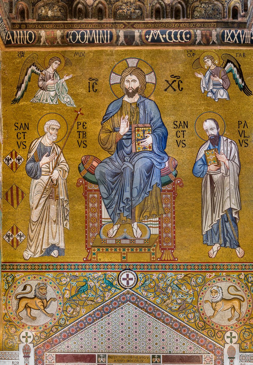 Modfacade: mosaik "Kristi majestæt troner mellem de hellige Peter og Paulus", XII århundrede, Palatinerkapellet, Det Kongelige Palads eller Palazzo dei Normanni (Normannernes Palads), Palermo, Sicilien, Italien (foto) af Unbekannter Künstler