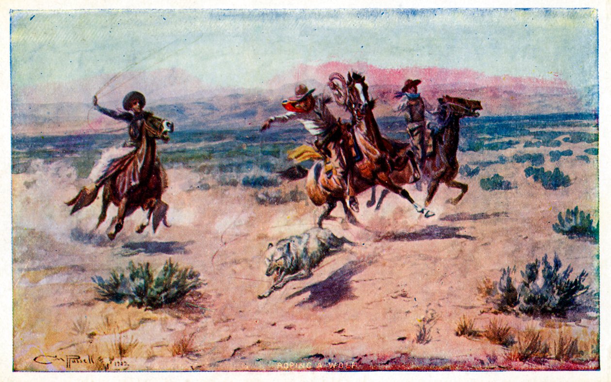 Cowboys på hesteryg, der binder en ulv til sig af Unbekannter Künstler