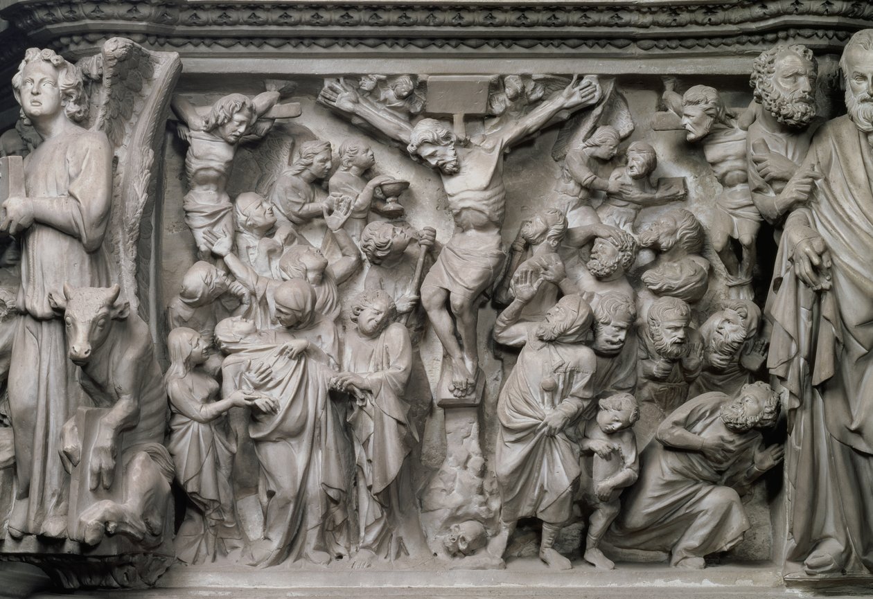 Korsfæstelsesscene: detalje af relief fra toppen af den sekskantede prædikestol designet af Giovanni Pisano (1245-1329), ca. 1297 (marmor) (detalje af 77020) af Unbekannter Künstler