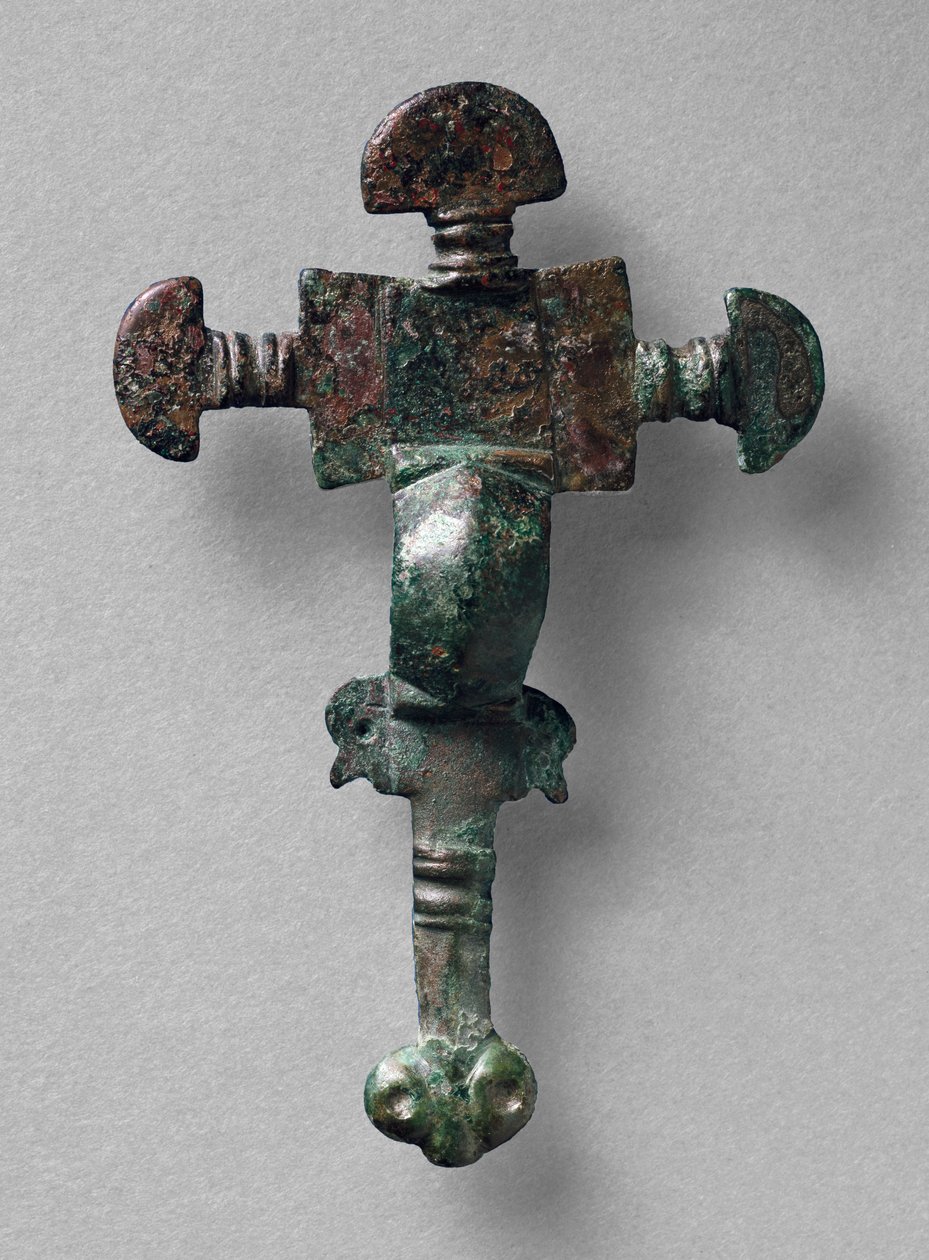Korsformet broche, fra Haslingfield, Cambridgeshire, angelsaksisk (kobberlegering) af Unbekannt