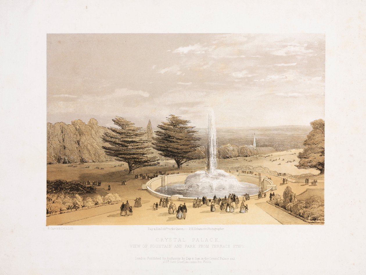 Crystal Palace, Post-Great Exhibition Springvandet og parken fra terrassetrappen til Crystal Palace, ca 1855 af Unbekannt