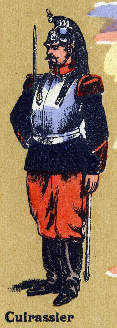 Cuirassier i soldateruniform. Illustreret alfabet. Billeder genforenet i Jarville-Nancy, begyndelsen af det 20. århundrede. Mål: 40 x 29 cm. Litografi på bistre baggrund af Unbekannt