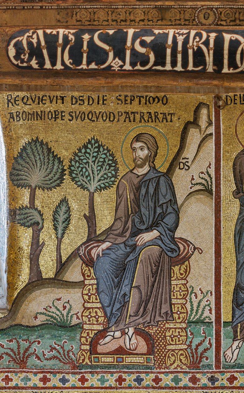 Cyklus af mosaikker i Det Gamle Testamente, Skabelsens cyklus: "Skaberens hvile på den syvende dag", XII århundrede, Palatinerkapellet, Det Kongelige Palads eller Palazzo dei Normanni (Normannernes Palads), Palermo, Sicilien, Italien ( Foto) af Unbekannter Künstler