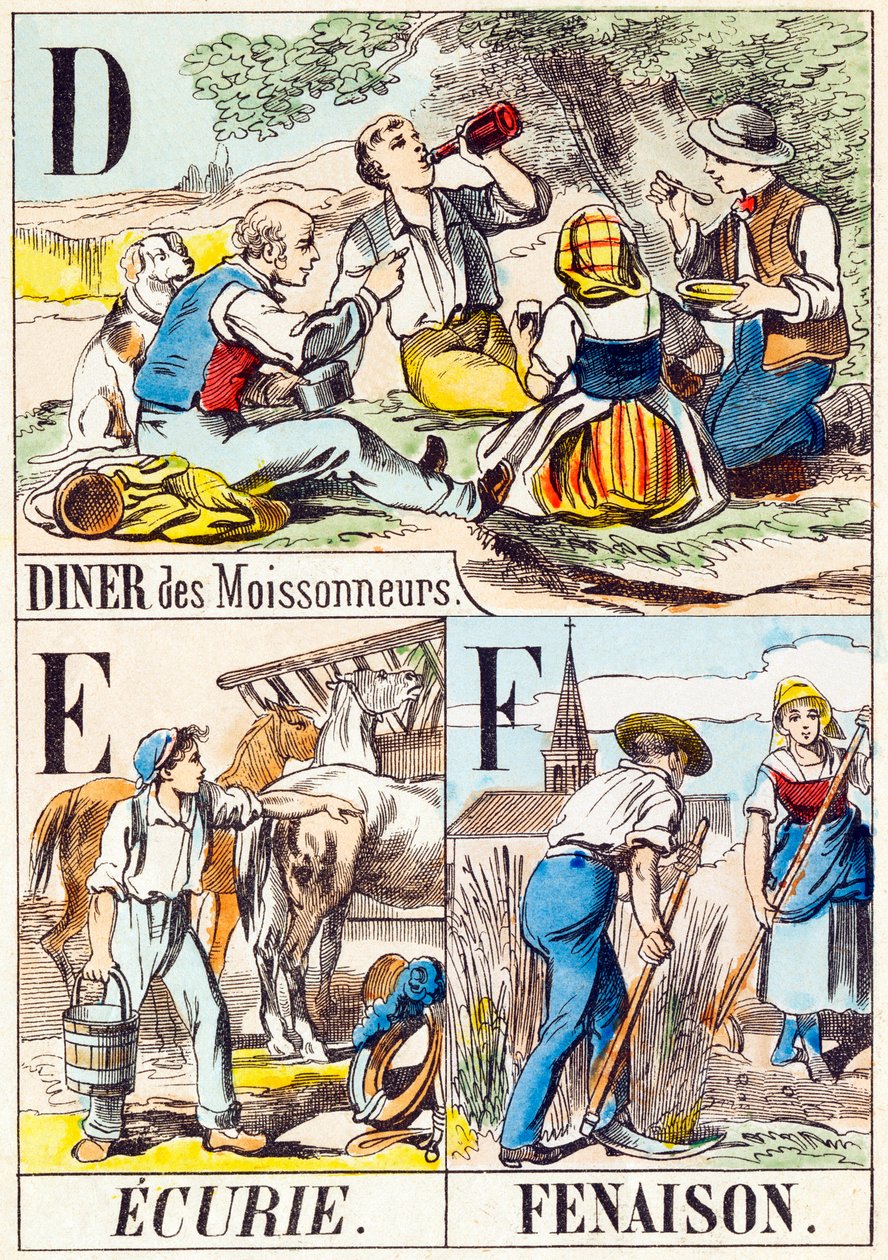 D E F: Diner des Moissonneurs, Ecurie, Fenaison - "Alphabet of the farm" slutningen af ​​det 19. århundrede (gravering) af Unbekannt