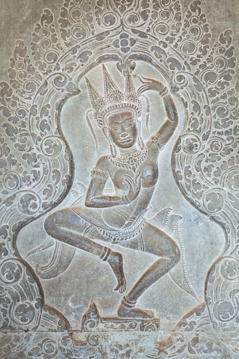 Dansende Apsara-relief på den ydre vestlige mur, Angkor Wat, Cambodja (foto) af Unbekannter Künstler