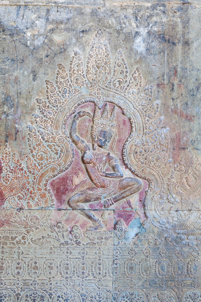 Dansende Apsara-relief på den ydre vestlige mur, Angkor Wat, Cambodja (foto) af Unbekannter Künstler