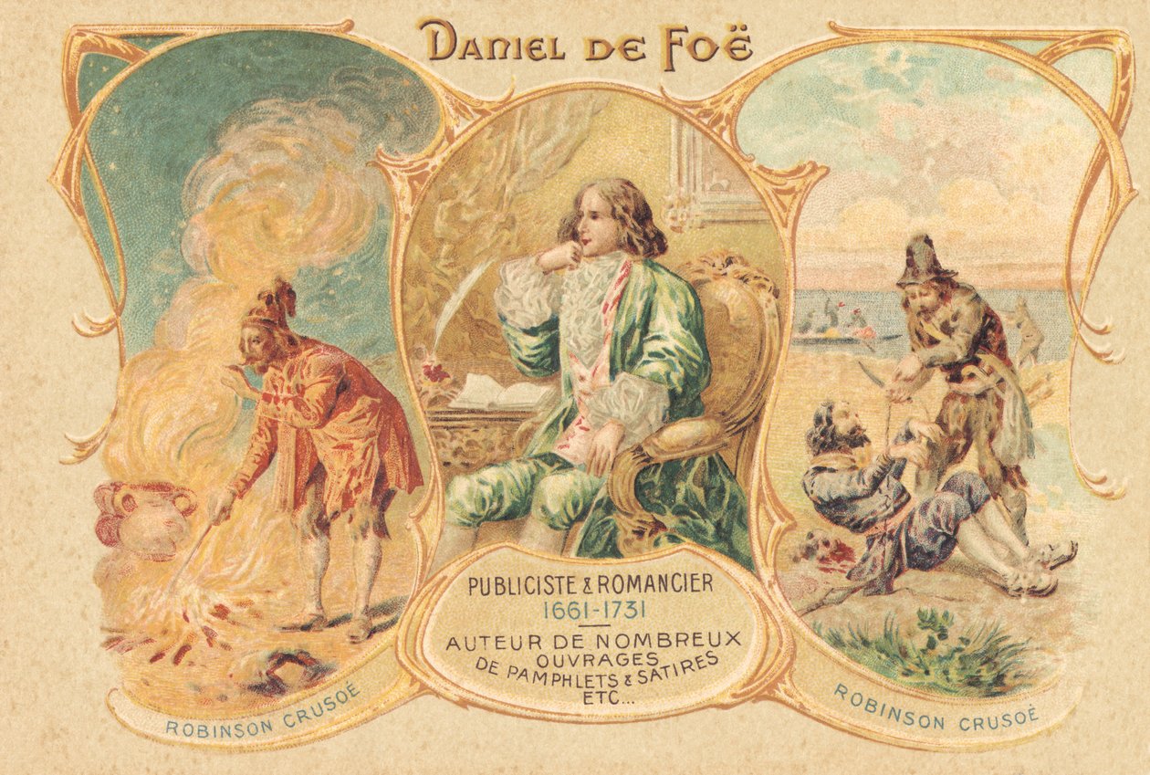 Daniel Defoe ved sit skrivebord og hans berømte værk (tryk) af Unbekannter Künstler