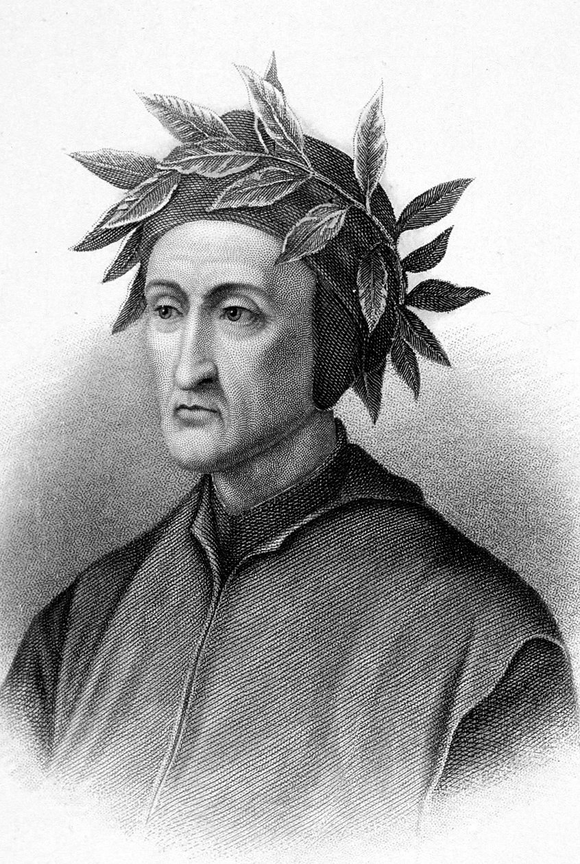 Dante Alighieri (1265-1321) italiensk forfatter (Den guddommelige komedie), her kronet med laurbær, kobberstik af Unbekannter Künstler