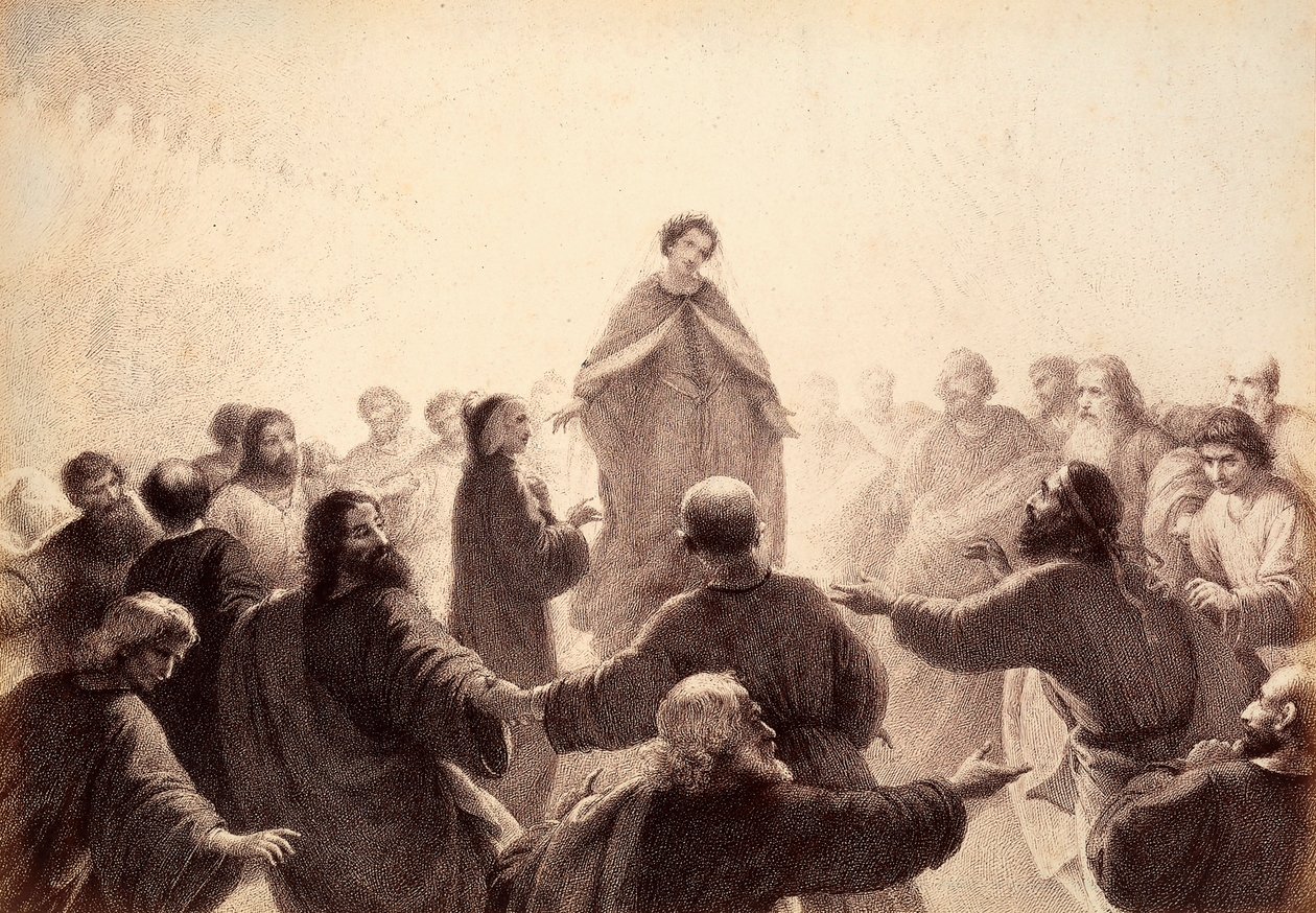 Dante og Beatrice er omringet af de vises ånder, der synger og danser omkring dem. Illustration af Canto XIV i Paradiso i Den guddommelige komedie af Dante Alighieri. Et værk af Franceso Scaramuzza dedikeret til Firenzes kommune. af Unbekannter Künstler