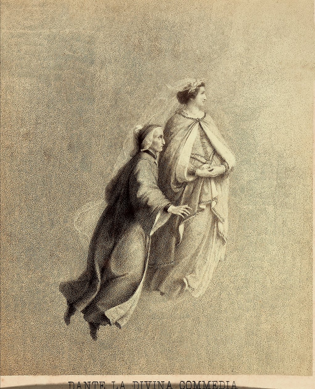 Dante og Beatrice flyver gennem Paradisets himmelhvælv. Illustration af Canto I af Paradiso i Den guddommelige komedie af Dante Alighieri. Et værk af Franceso Scaramuzza dedikeret til Firenzes kommune. af Unbekannter Künstler