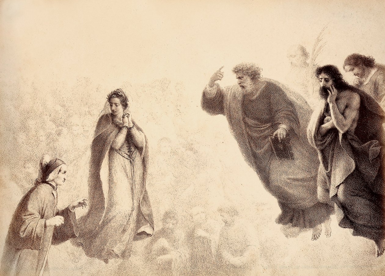 Dante og Beatrice foran apostlene Peter, Jakob og Johannes