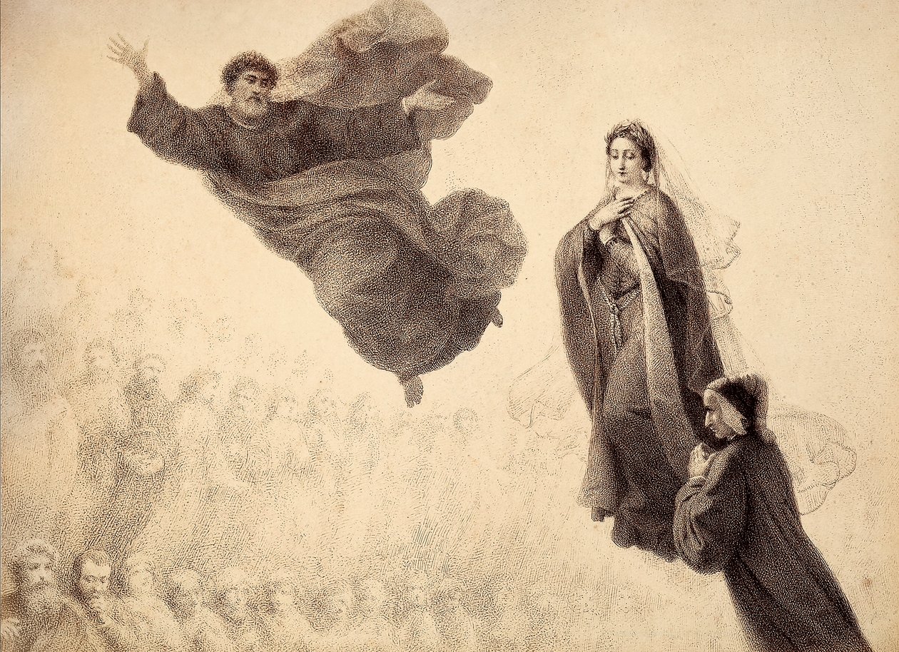 Dante og Beatrice møder Sankt Peter. Illustration af Canto XXIV i Paradiso af Den guddommelige komedie af Dante Alighieri. Værk af Francesco Scaramuzza dedikeret til Firenzes kommune. af Unbekannter Künstler