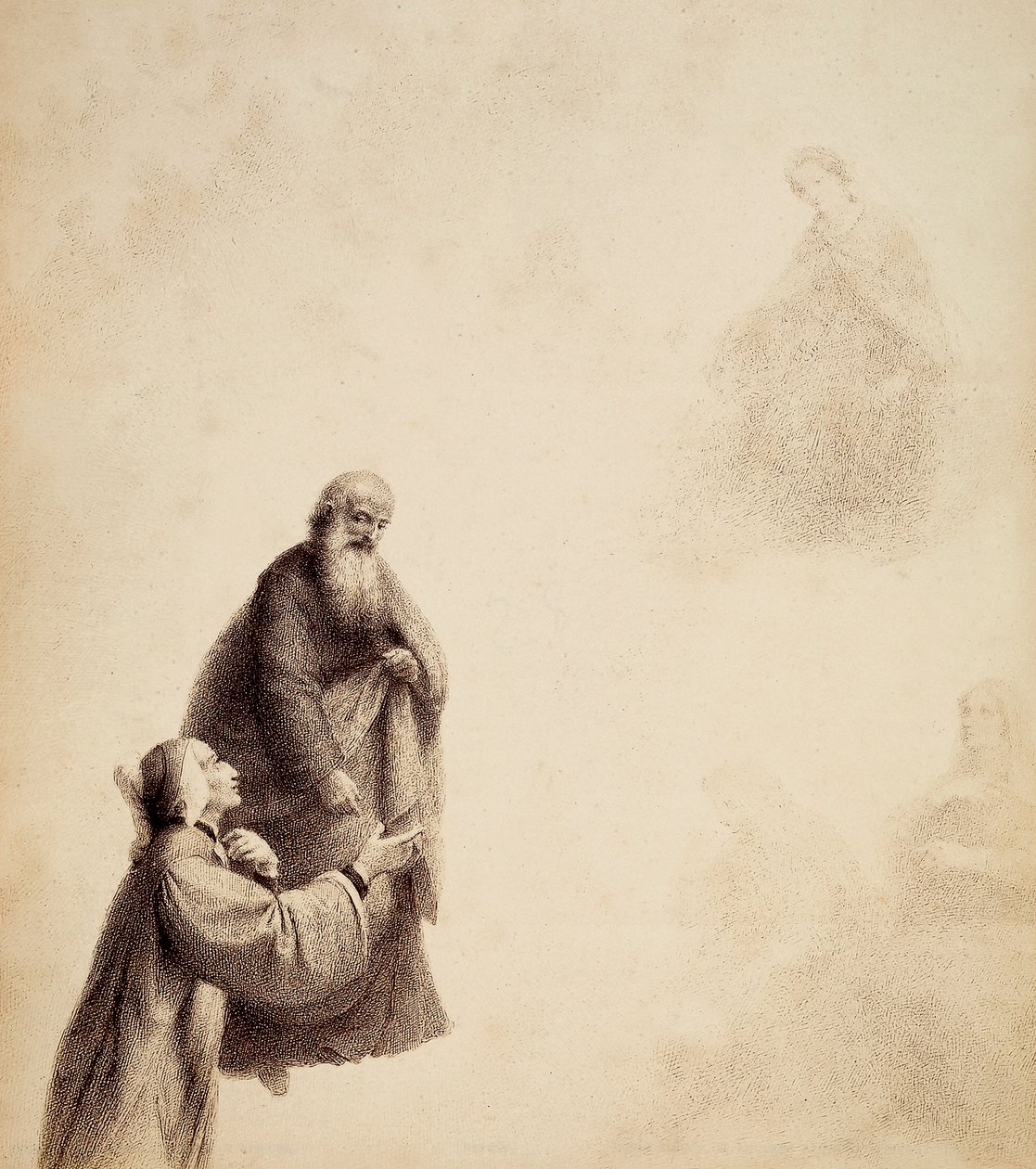 Dante, assisteret af Sankt Bernhard, ser Beatrice sidde på en trone blandt de velsignede, i en glorie af lys. Illustration af Canto XXXI i Paradiso i Den guddommelige komedie af Dante Alighieri. Et værk af Francesco Scaramuzza dedikeret til Firenzes kommun af Unbekannter Künstler