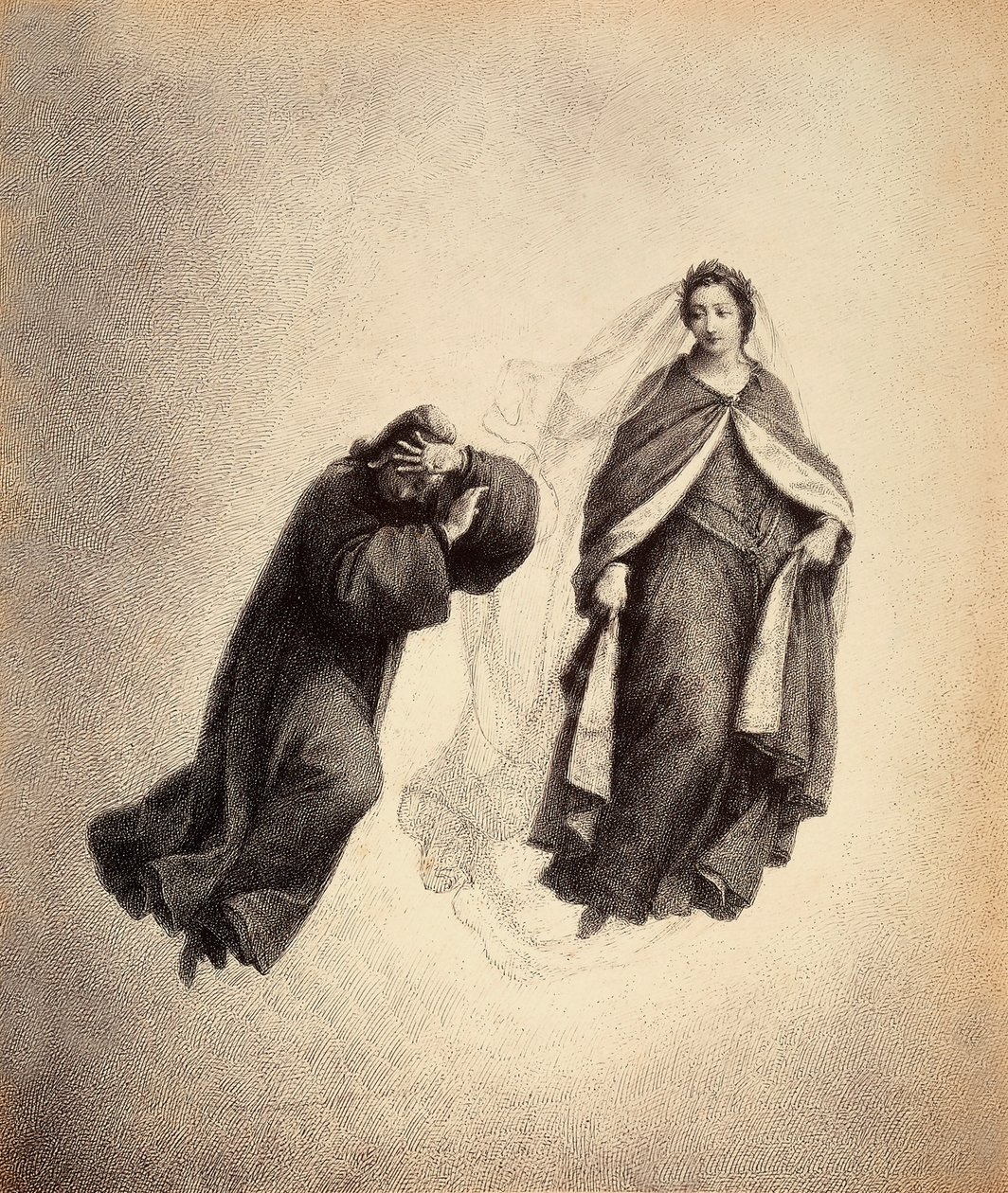 Dante dækker sit ansigt med hænderne, overvældet af Beatrices blik, der er så fuldt af guddommelig kærlighed. Illustration af Canto IV i Paradiso i Den guddommelige komedie af Dante Alighieri. Et værk af Franceso Scaramuzza dedikeret til Firenzes kommune. af Unbekannter Künstler
