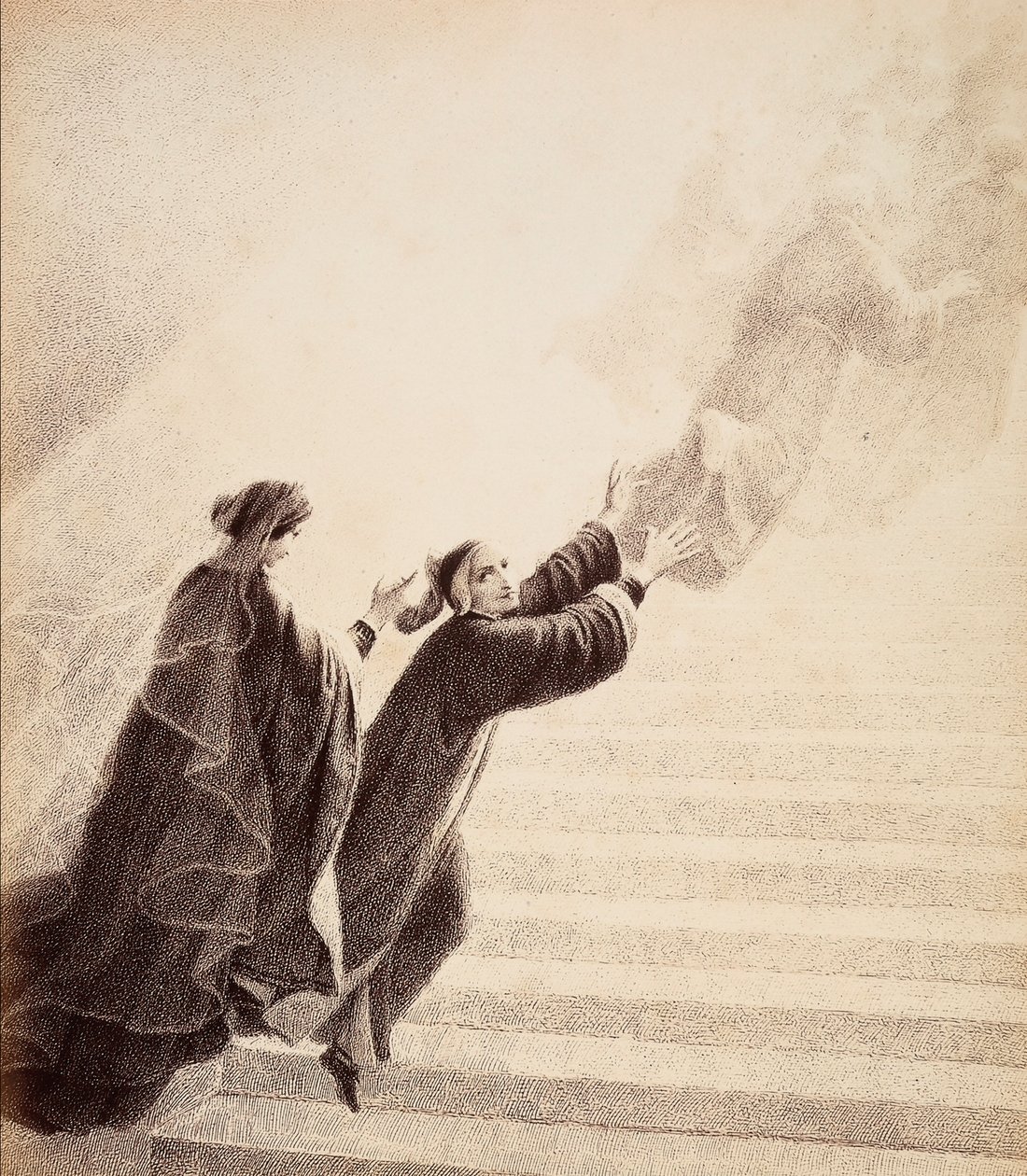 Dante, drevet af et simpelt tegn fra Beatrice, stiger op ad den gyldne stige efter de velsignede ånder. Illustration af Canto XVII i Paradiso i Den guddommelige komedie af Dante Alighieri. Et værk af Francesco Scaramuzza dedikeret til Firenzes kommune. af Unbekannter Künstler