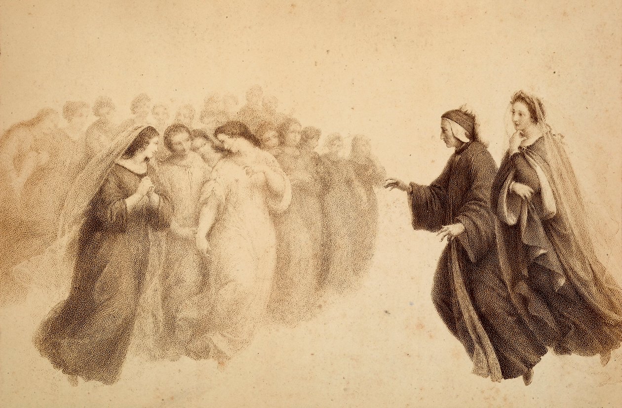 Dante sammen med Beatrice og de velsignede ånder. Illustration af Canto XXXIII i Paradiso i Den guddommelige komedie af Dante Alighieri. Værk af Francesco Scaramuzza dedikeret til Firenzes kommune. af Unbekannter Künstler