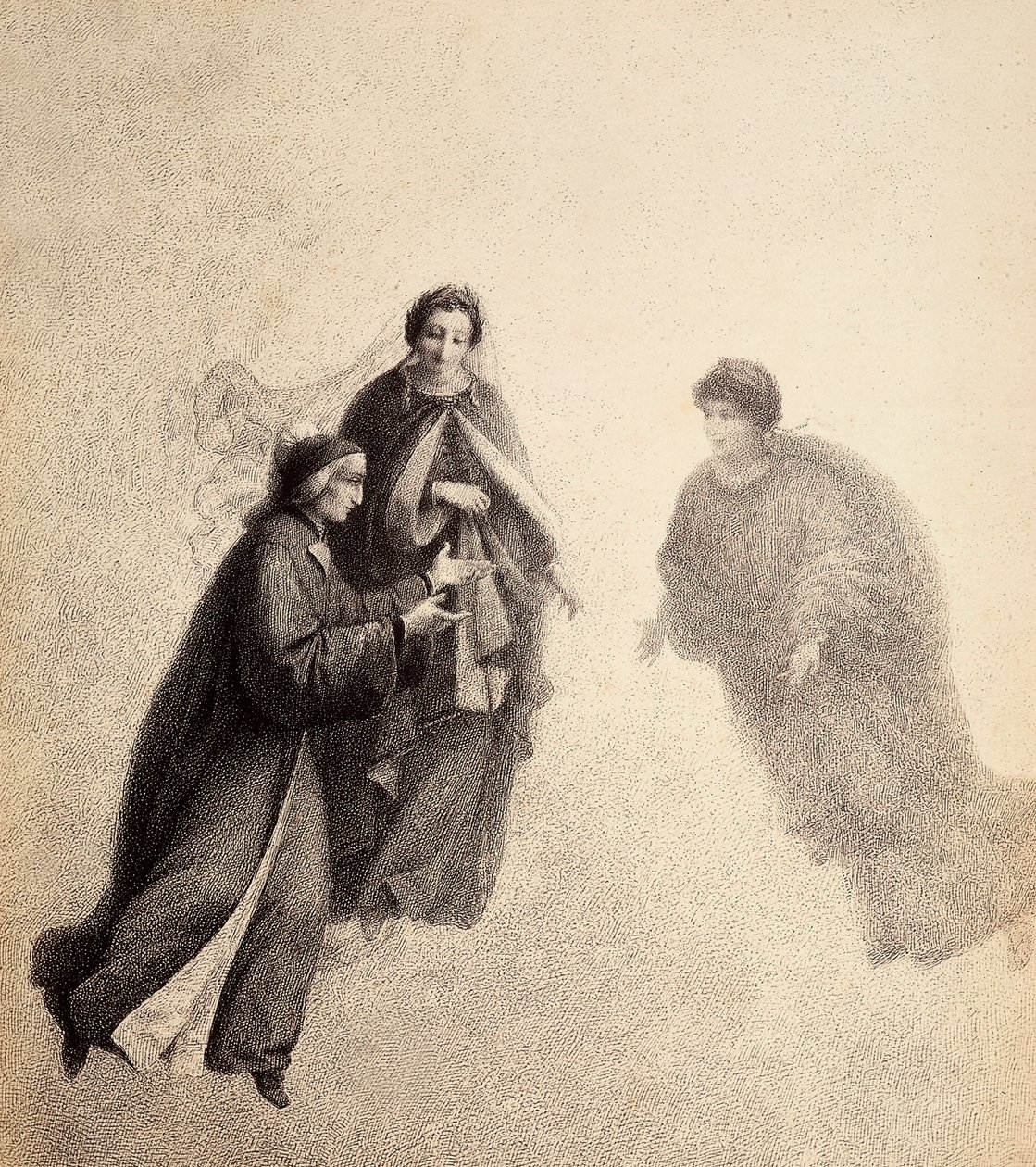 Dante, tilskyndet af Beatrice, taler med en from ånd. Illustration af Canto V af Paradiso i Den guddommelige komedie af Dante Alighieri. Værk af Franceso Scaramuzza dedikeret til Firenzes kommune. af Unbekannter Künstler