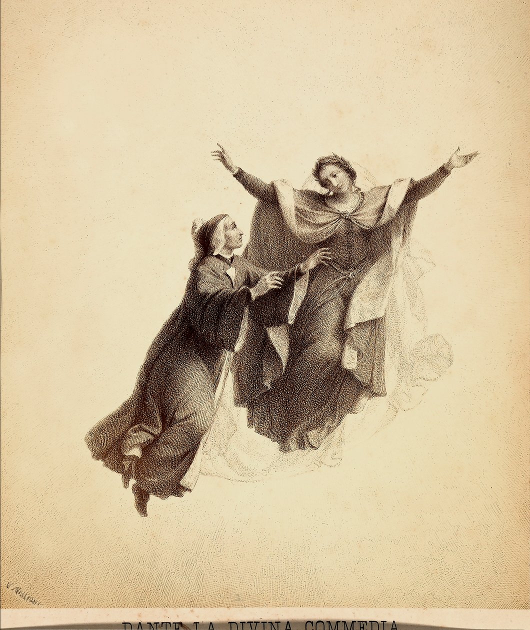 Dante, med åbne arme, ledt på flugt af Beatrice gennem Paradisets himmelhvælv. Illustration af Canto I af Paradiso i Den guddommelige komedie af Dante Alighieri. Et værk af Franceso Scaramuzza dedikeret til Firenzes kommune. af Unbekannter Künstler