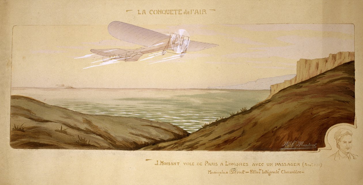 Begyndelsen af ​​luftfarten: John Moisant udførte den første passagertransport over Den Engelske Kanal, med sin mekaniker i sit tosædede Bleriot-fly den 17. august 1910 af Unbekannt