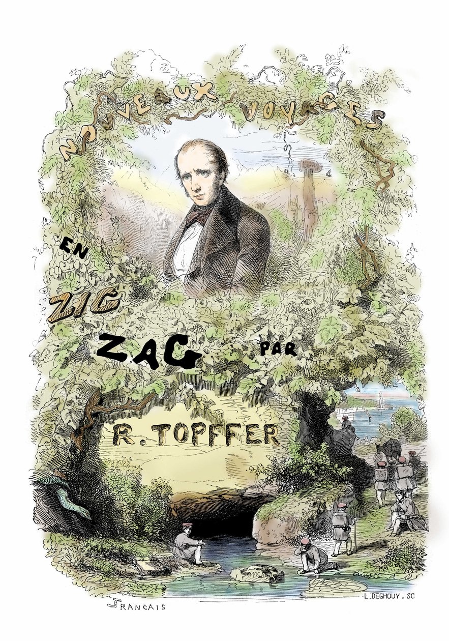 Tegneseriens debut: frontispice af "Nouveaux voyages en zig-zag" af Rodolphe Topffer (1799-1846) af Unbekannter Künstler