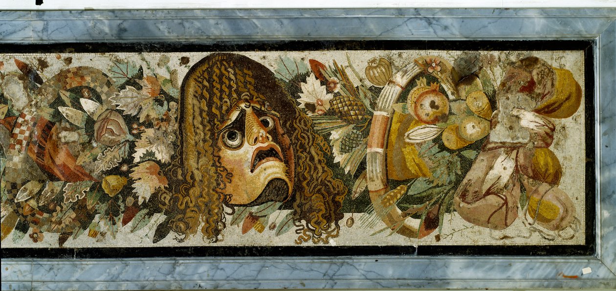 Dekorativt panel, der viser en guirlande af masker, løv og frugt fra Faunens Hus, Pompeji, 2. århundrede f.Kr. (mosaik) af Unbekannt