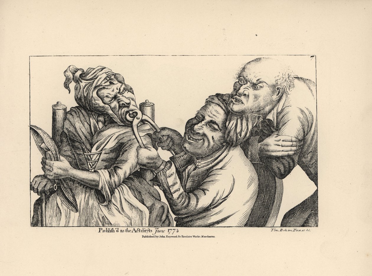 Tandlæge griner, mens han bruger en tang til at trække en dårlig tand ud af munden på en gammel kvinde. Kobberstik efter en satirisk illustration af Timothy Bobbin (John Collier) (1708-1786) fra Human Passions Delineated, John Haywood, Manchester. af Unbekannter Künstler