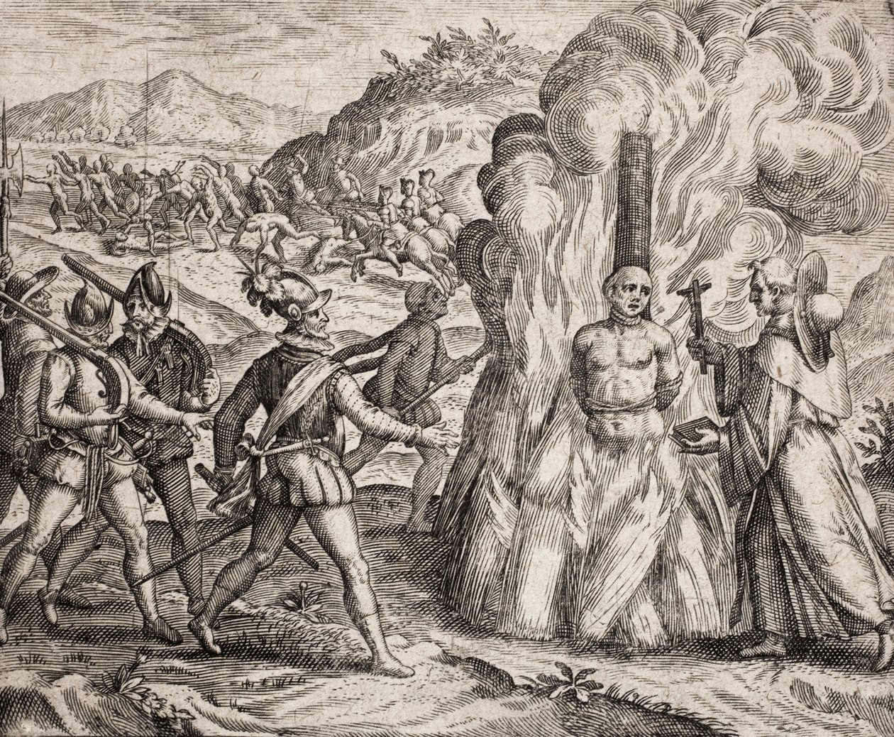 Beskrivelse af forbrydelserne påført indianerne af de spanske kolonister - Conquistadorer brænder en indianer på bålet, som nægtede at konvertere til den katolske tro. Franciskanerordenens religiøse (gravering) ""Narratio regionum indicarum per Hispano af Unbekannt