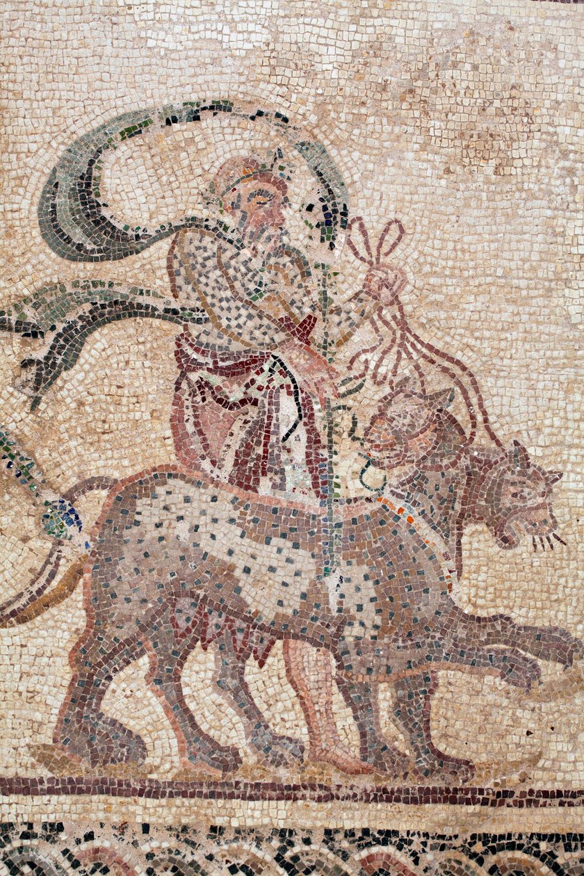 Detalje af The Triumph of Dionysos - Gudens tilbagevenden fra en militær ekspedition til Indien - Silenus holder panternes tøjler - Paphos mosaikker, House of Dionysos, Slutningen af det 2. århundrede e.Kr. - Cypern - Dionysos triumf - Lang mosaik tilbaget af William M. Timlin