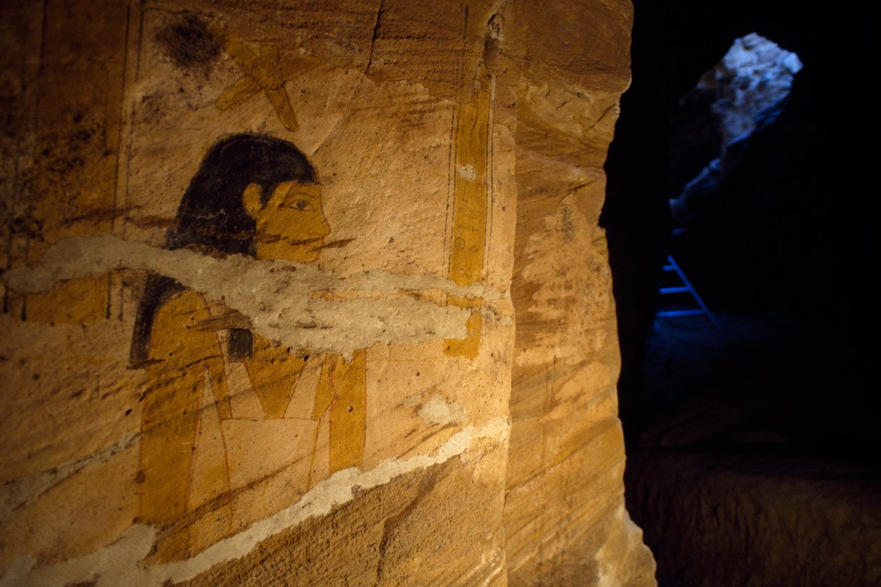 Detalje af vægmalerier fundet under udgravninger i guvernørens grav, Valley of Golden Mummies, Bahariya Oasis, Giza, Egypten af Benjamin Baud