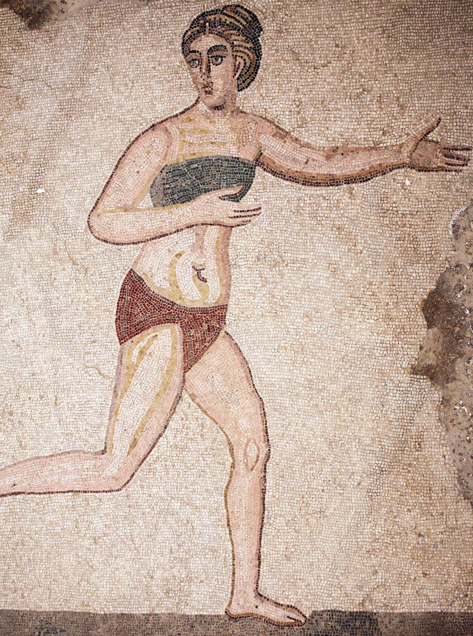 Detalje af De Ti Pigers Kammer eller mosaikken af "Bikini-pigerne". Løb. 3. - 4. århundrede. Romersk villa i Casale, Sicilien. UNESCO-sted. af Unbekannt