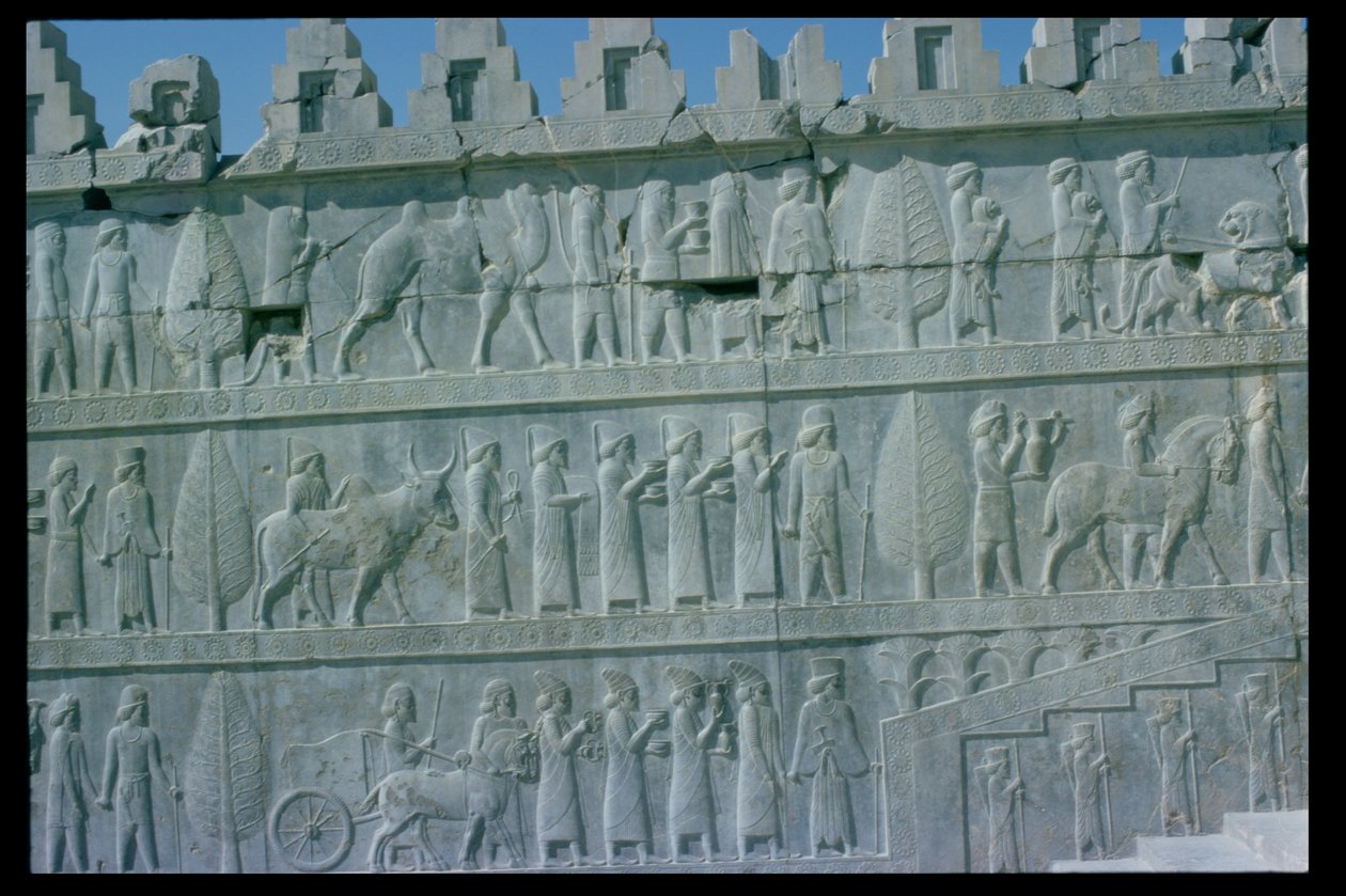 Detalje af relieffrisen på den østlige trappe til Apadana (publikumssalen), der viser delegerede fra imperiets emneområder med overdådige gaver til en ceremoni, akæmensk periode, ca. 515 f.Kr. (kalksten) (for detaljer se 112356 & 117115) af Unbekannt