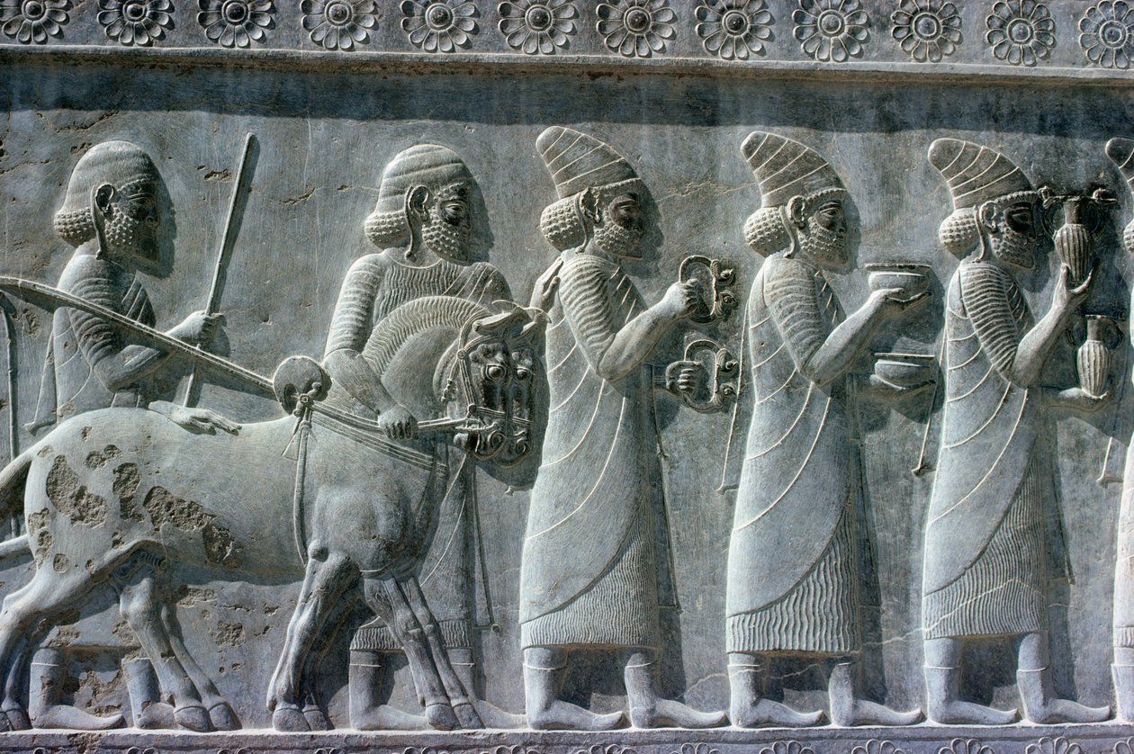 Detalje af relieffrisen på den østlige trappe til Apadana (publikumssal), der forestiller lydiske delegerede, der bærer gaver til en ceremoni, akæmensk periode, ca. 515 f.Kr. (kalksten) (se 117114) af Unbekannt