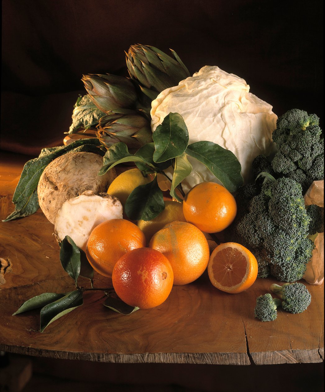 Kost: stilleben af broccoli, appelsiner, selleri rave, artiskokker, citroner og hvidkål. af William M. Timlin