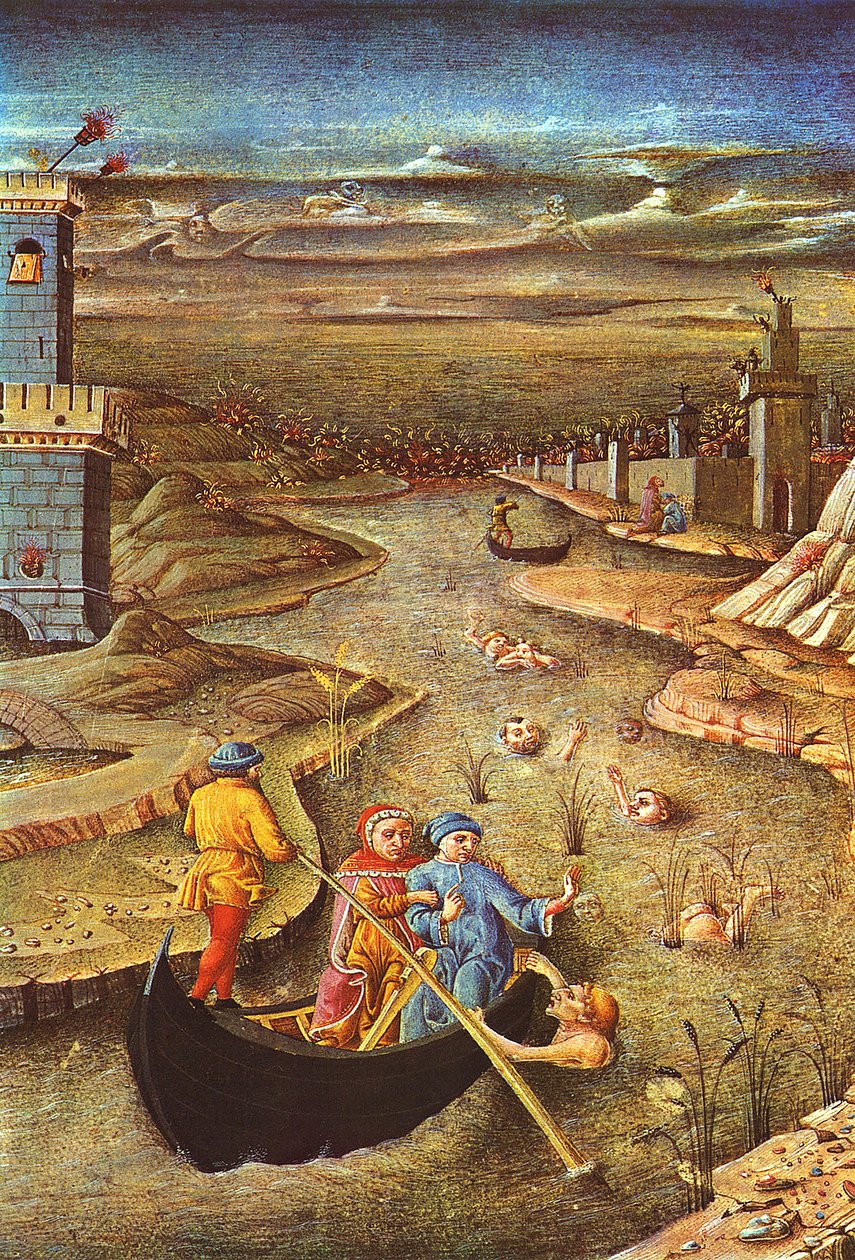 Den guddommelige komedie: Dante og Vergil, båret af Charron, møder den fordømte Filippo Argenti (miniature) af Unbekannter Künstler