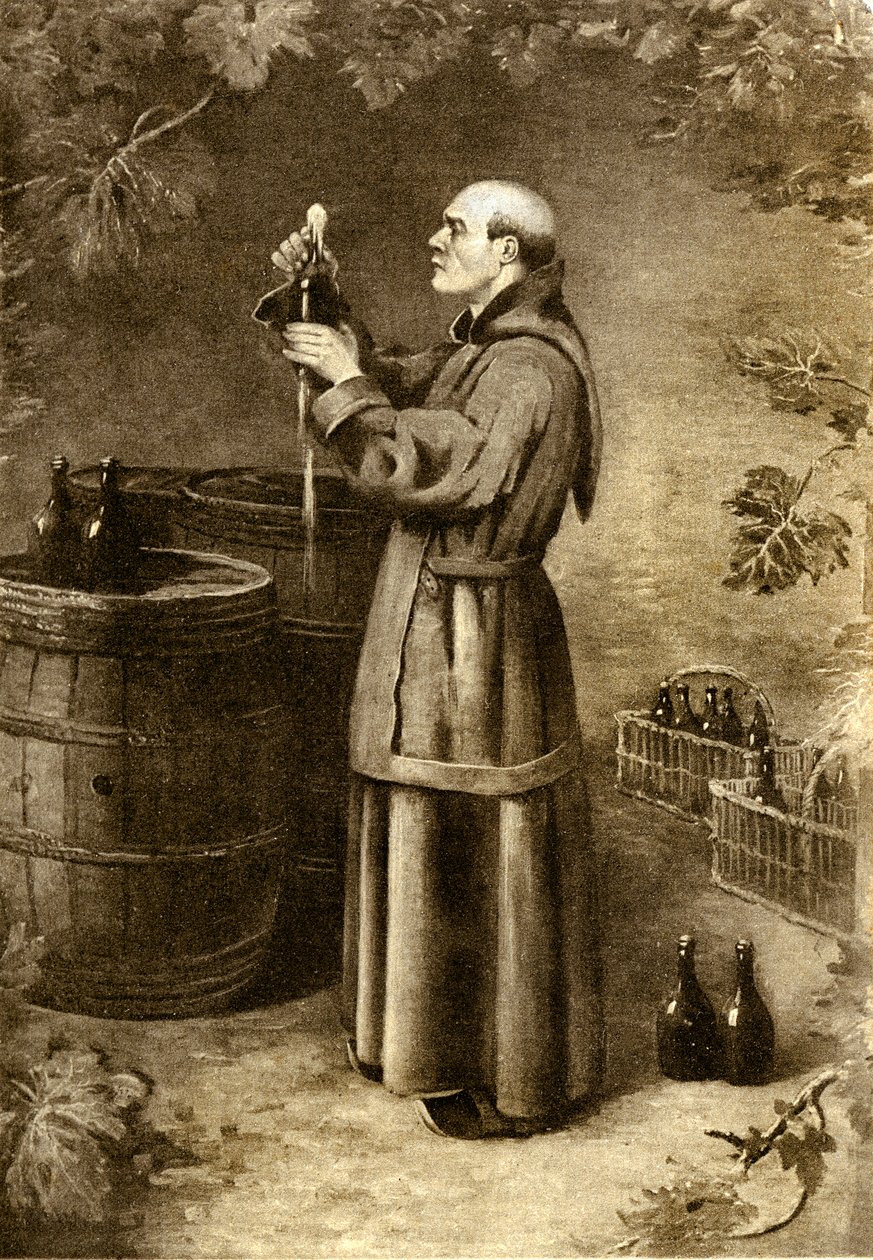 Dom Perignon opdager mos i 1714 - begyndelsen af det 20. århundrede (gravering) af Baron James de Rothschild