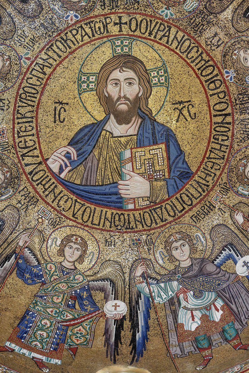 Tværskibets kuppel: mosaik "Velsignelse Kristus Pantocrator mellem engle og ærkeengle", XII århundrede, Palatinerkapellet, Det Kongelige Palads eller Palazzo dei Normanni (Normannernes Palads), Palermo, Sicilien, Italien (foto) af Unbekannter Künstler