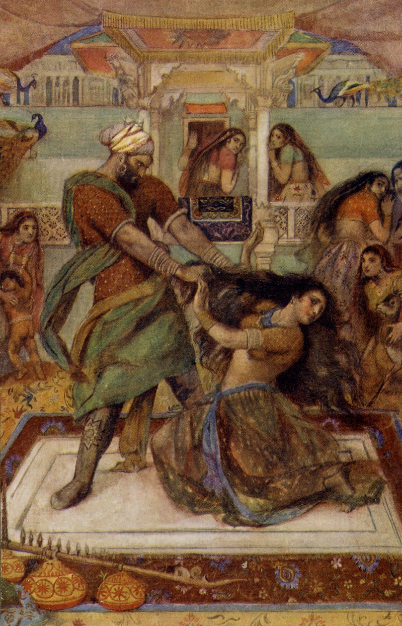 Draupadi slæbt ud af sit kammer af Duhsasana af Unbekannter Künstler