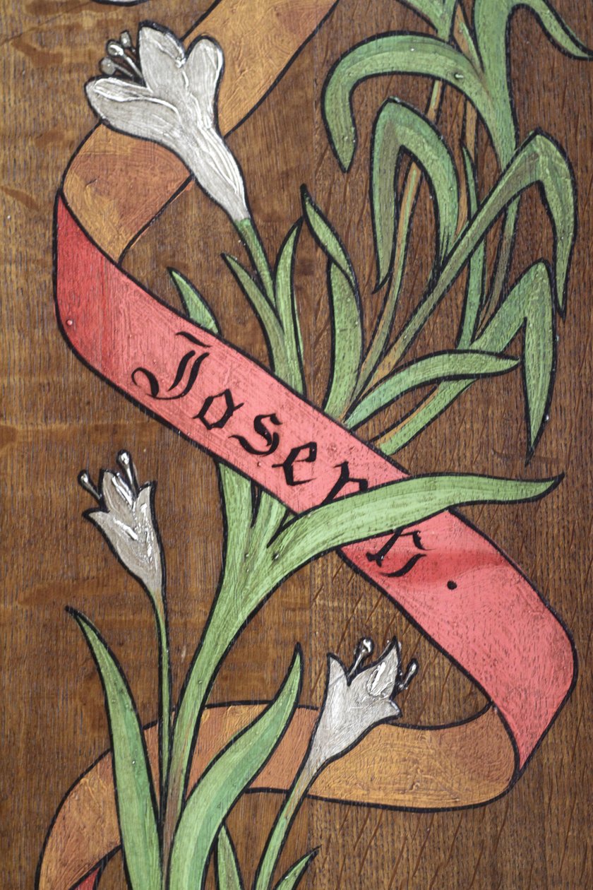 Tegning. Blomster og et bånd med navnet Joseph skrevet på, Fecamp, Frankrig af Unbekannt