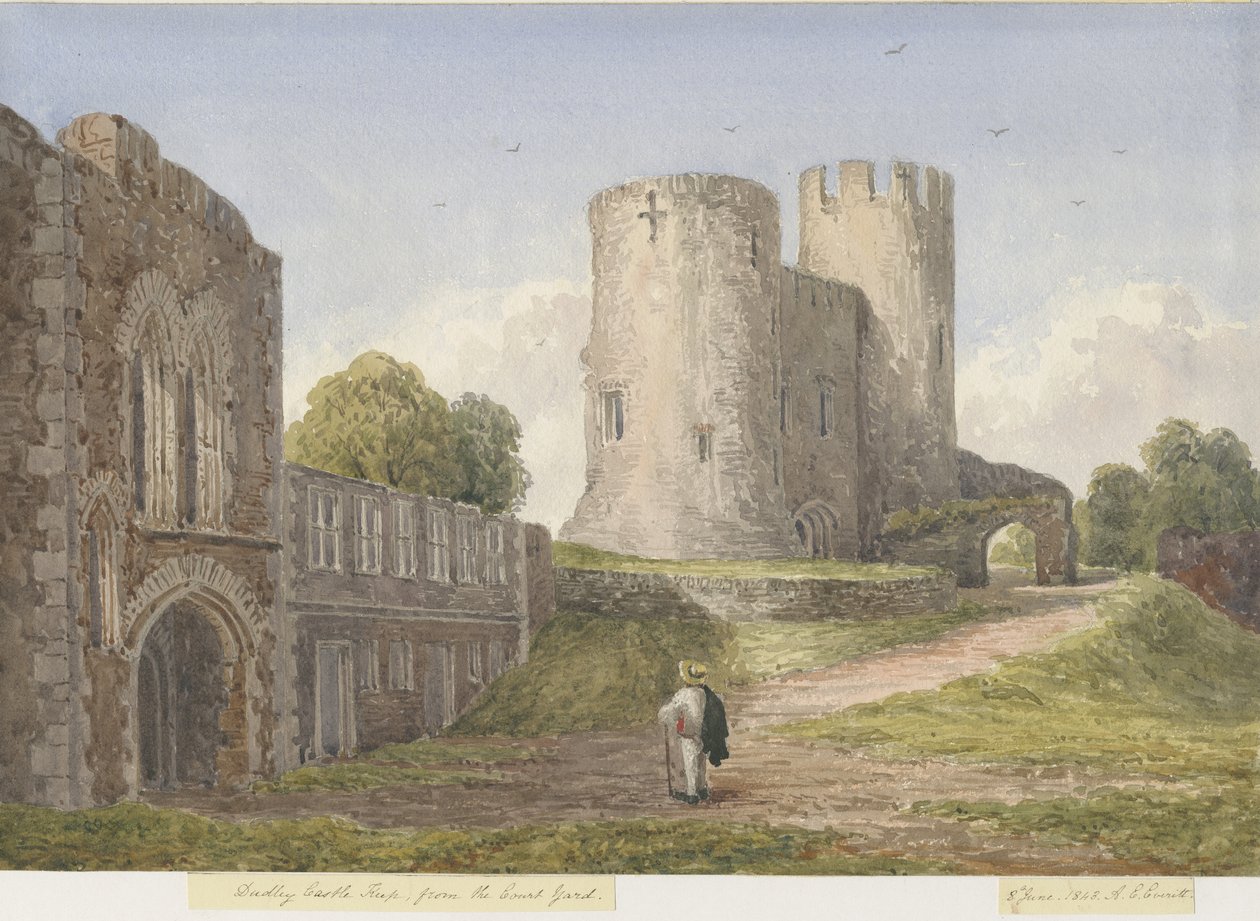 Dudley Castle - The Keep: vandfarvemaleri, 8. juni 1843 af Unbekannt