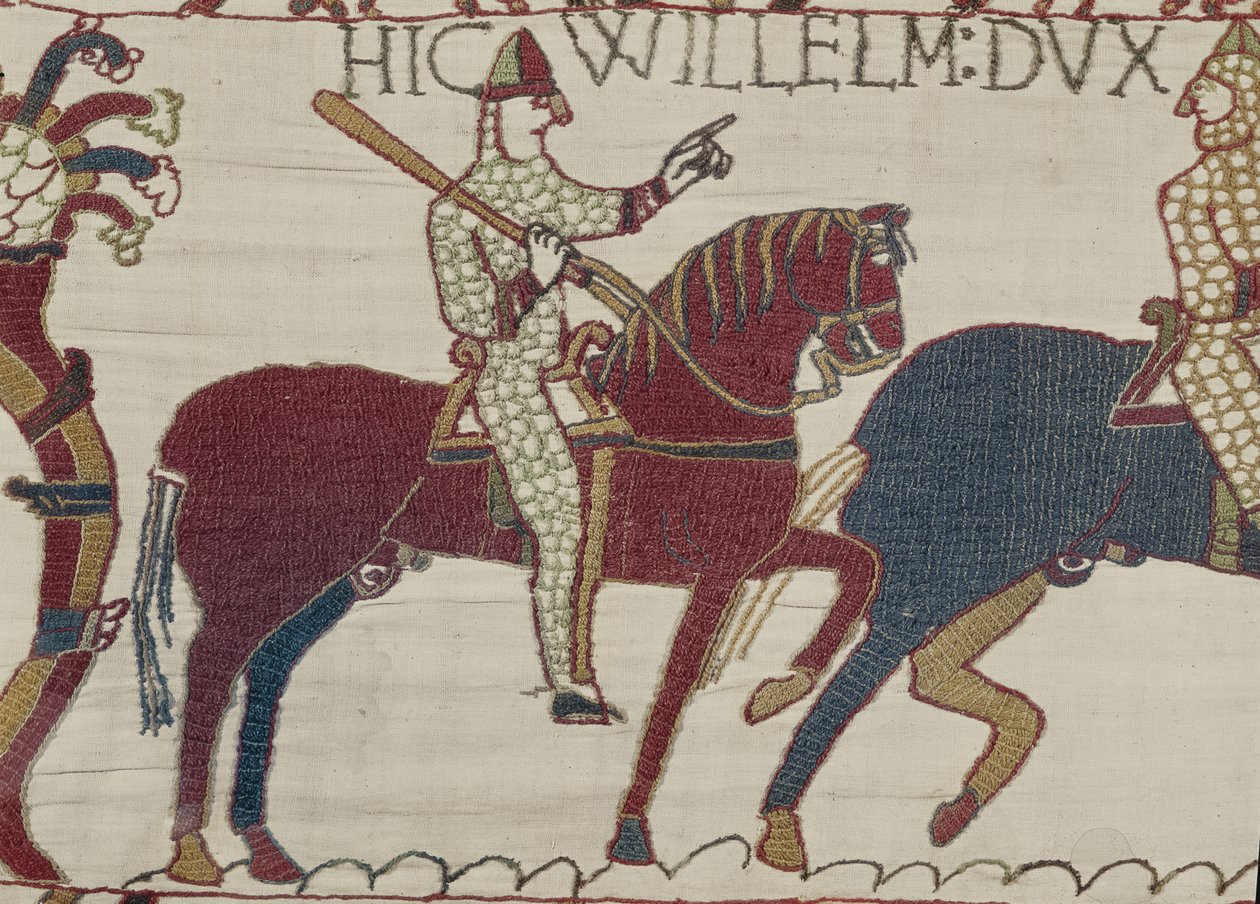 Hertug William formaner sine tropper til at forberede sig på kampen mod den engelske hær, Bayeux Tapestry (uldbroderi på hør) af Unbekannt