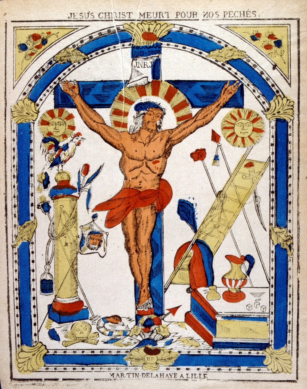 Hollandsk illustration fra det 19. århundrede, der viser den korsfæstede Kristus. Træsnit omkring 1850 af Unbekannter Künstler